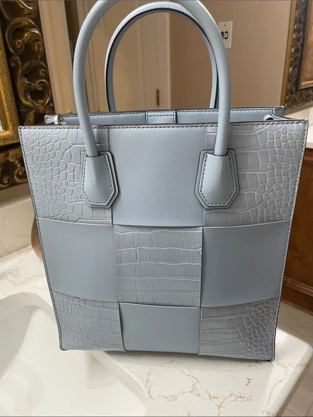 Michael Kors Gray/Blue Patchwork Croc-Embossed Tote with Pouch